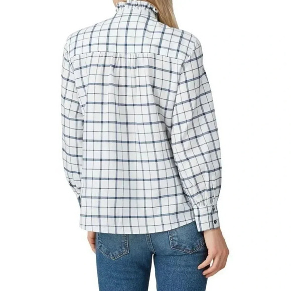 Lavie Rebecca Taylor Top Womens Size XS White Navy Windowpane 100% Cotton Slit - Picture 2 of 14